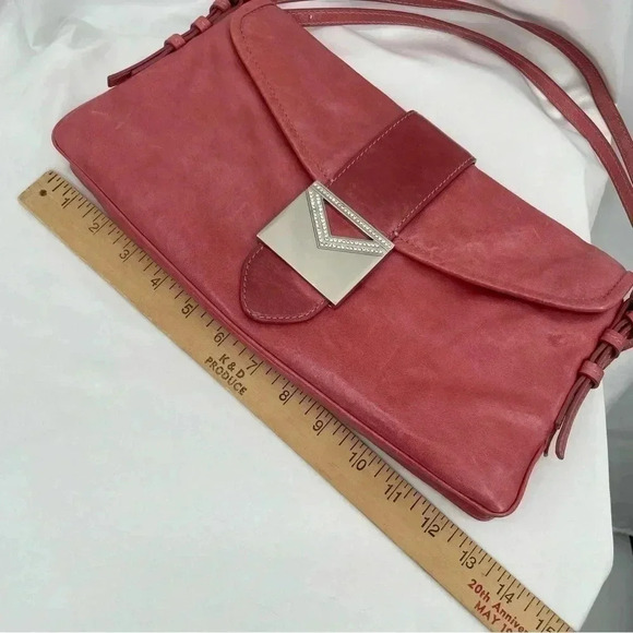 Via Spiga Bejeweled Leather Clutch Purse Pink Snap Close Dbl Adjustable Handles - Picture 14 of 16